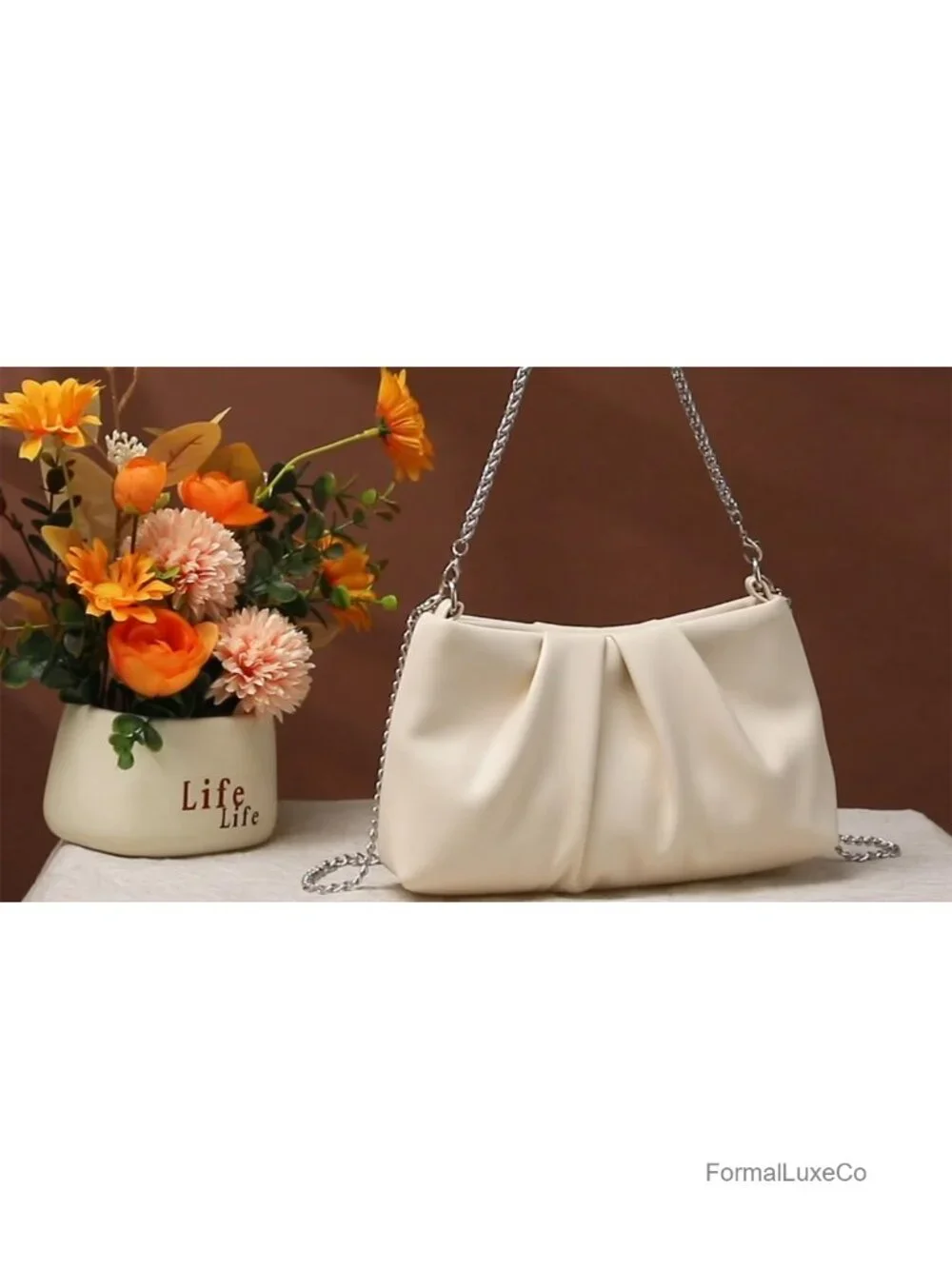 Elegant Pleated Evening Bag Soft Vegan Leather Clutch Purse with Chain Straps